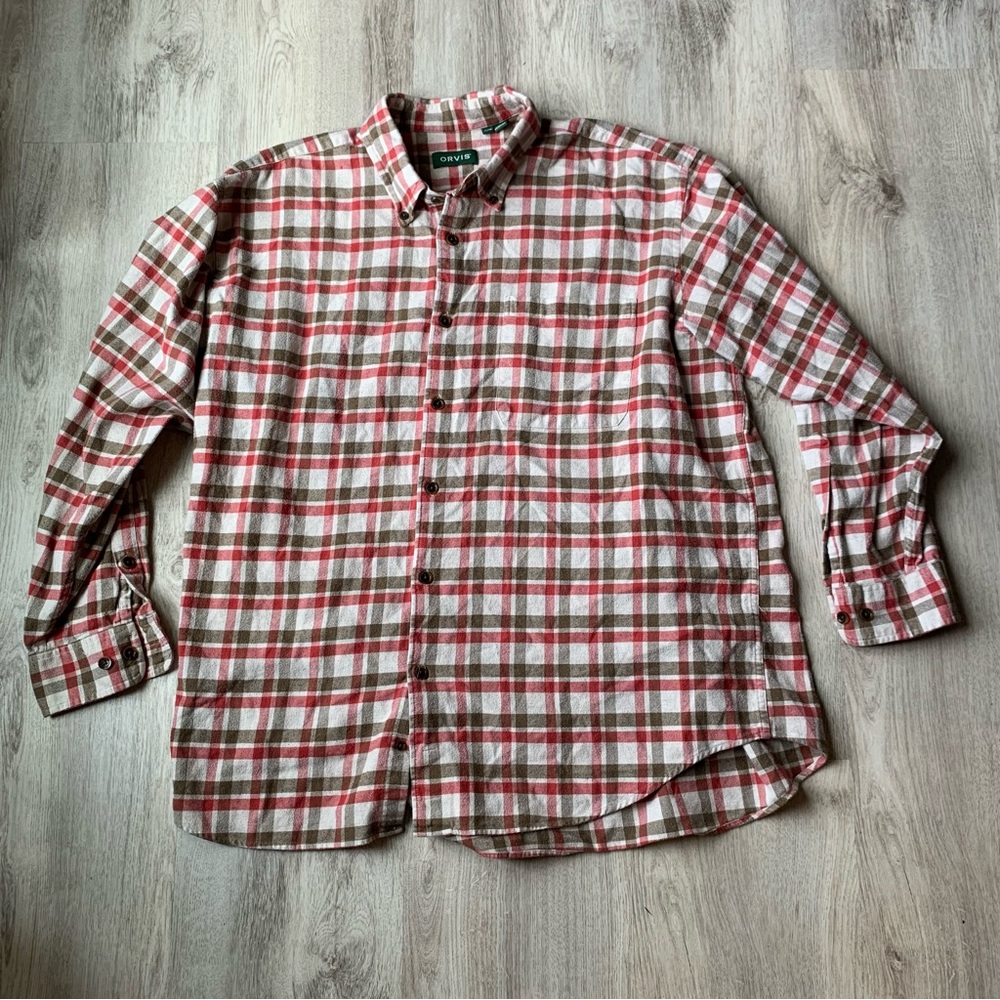 Mens Orvis Flannel Plaid Cotton Button Down Shirt Sz XXL Tan Brown Red Outdoors
